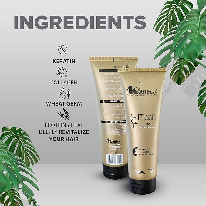 KALIVE Hair Mask for Deep Hydration & Repair - 8 oz. Keratin, Collagen & Wheat Germ - Hair Care Products for Dry, Damaged Hair.