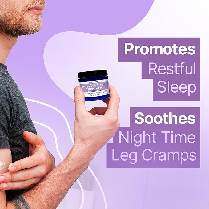 Nighttime Lavender Magnesium Cream & Non-Greasy Body Lotion. Extra Strength 250mg Magnesium Chloride for Muscle Relief, Leg Cramps, Relaxation and Sweet Sleep. Vegan, Made in The USA.