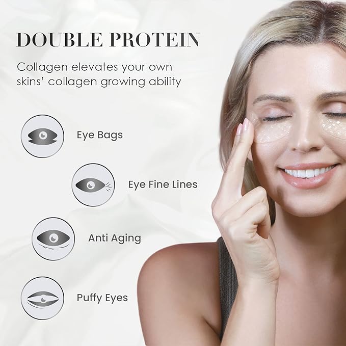 Under Eye Patches for Puffy Eyes, Hydrolyzed Collagen Eye Masks for Dark Circles and Puffiness, Anti-Aging Tremella Extract Eye Mask Under Eye Bags Treatment-20 Pairs (Double Protein)