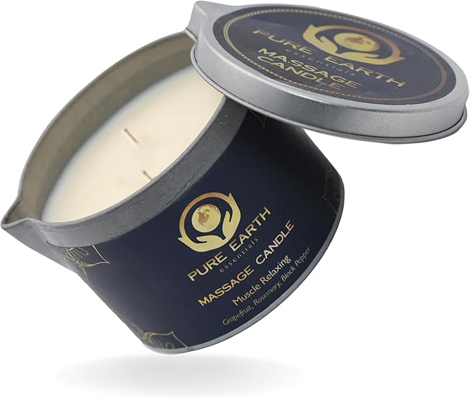 Muscle Relaxing Massage Oil Candle - Valentines Gift, Scented Massage Oil Candles for Relaxation and Home Spa (160 Grams or 6 oz.) - with Grapefruit, Rosemary, Black Pepper - by PURE EARTH essentials