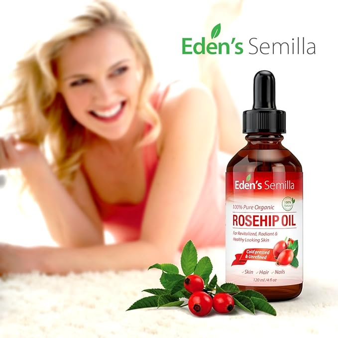 100% Pure Rosehip Oil - 4 OZ - Certified ORGANIC - Cold pressed & unrefined - NON Greasy HIGH absorbency - Use daily - nourishes, hydrates and visibly reduces fine lines, scars, stretch marks and skin