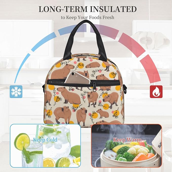 bassyil Capybara Insulated Lunch Bag Reusable Lunch Box With Adjustable Shoulder Strap Cooler Tote Bag For Men Women
