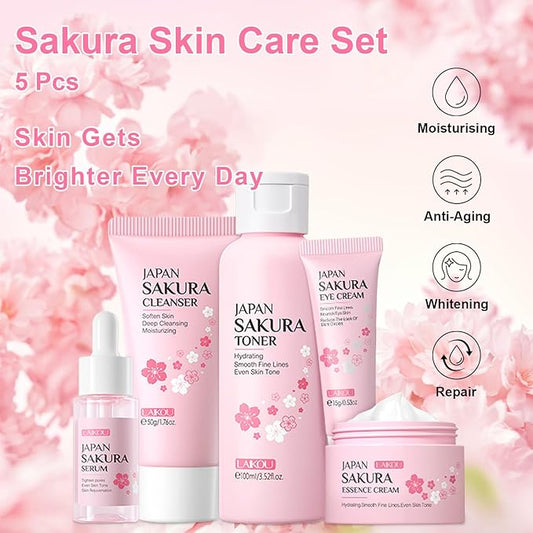 5Pcs Skin Care Set Sakura Women Beauty Gift Sets Korean Skin Care Kit with Cleanser, Face Serum, Face Cream,Toner,Eye Cream, Mud Mask - Skin Care Routine Kit for Women (Sakura)