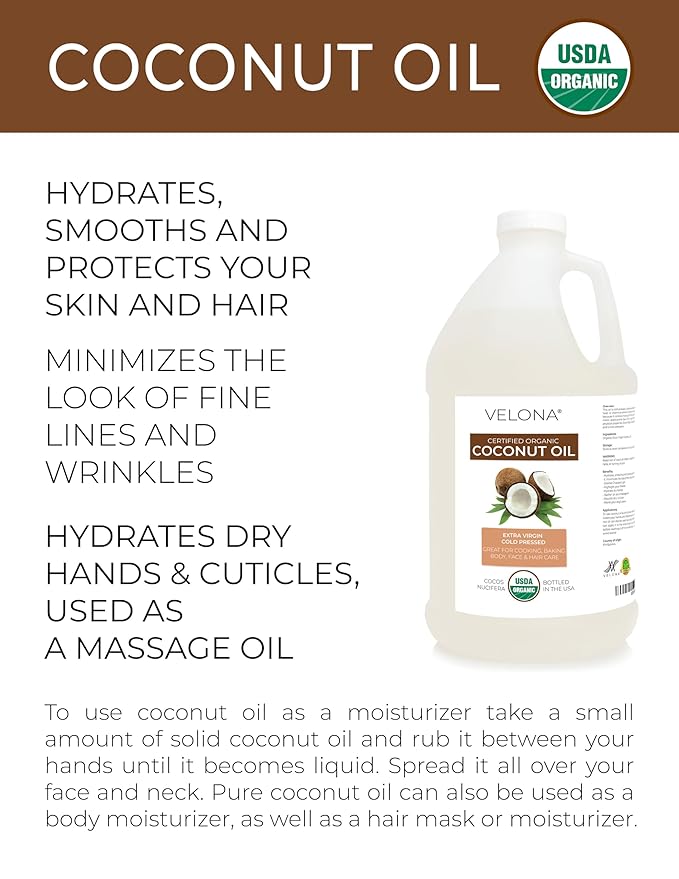 Velona USDA Certified Organic Coconut Oil Extra Virgin - 1 Gallon / 128 Fl Oz | Food and Cosmetic Grade | in jar | Extra Virgin, Cold-Pressed