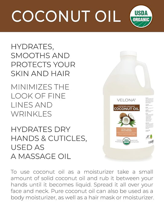 Velona USDA Certified Organic Coconut Oil Extra Virgin - 1 Gallon / 128 Fl Oz | Food and Cosmetic Grade | in jar | Extra Virgin, Cold-Pressed