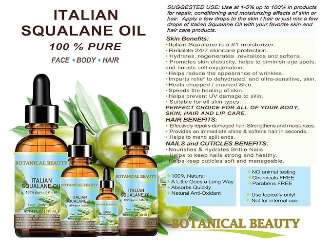 Botanical Beauty SQUALANE Italian Olive. 100% Pure/Natural/Undiluted Oil. 1 fl.oz- 30ml. 100% Ultra-Pure Moisturizer for Face, Body & Hair. Reliable 24/7 skincare protection