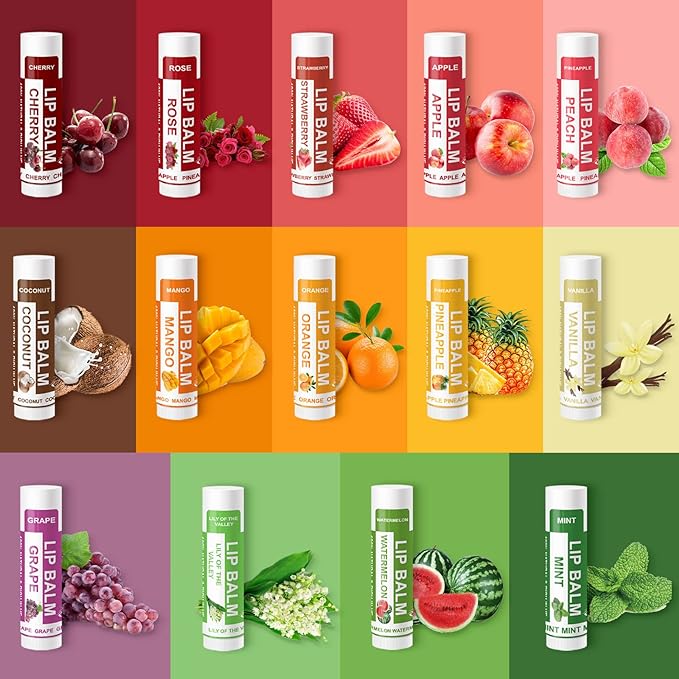 Yopela 56 Pack Natural Lip Balm in Bulk with Vitamin E and Coconut Oil - Moisturizing, Soothing, and Repairing Dry and Chapped Lips - 14 Flavors - Non-GMO Valentine's Gift