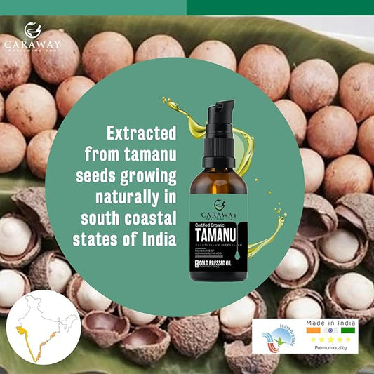 CARAWAY Tamanu Oil Organic for Skin - Cold Pressed - Natural Moisturizer for Dry Skin, Face and Hair - Helps Treat Hyperpigmentation, Acne scars, Eczema, Psoriasis- 1.7 Fl oz - 50 ml
