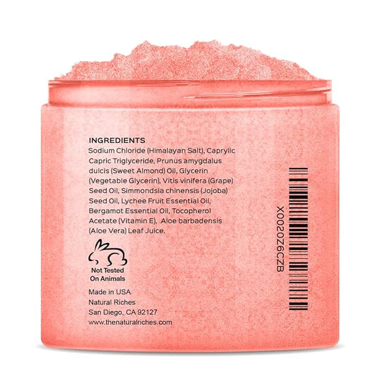 Natural Riches Himalayan Salt Exfoliating Body Scrub Lychee Bergamot Essential oil with Vitamin C - (12 Oz / 340 gm) Moisturize Deep Cleansing foot scrub body skin exfoliator