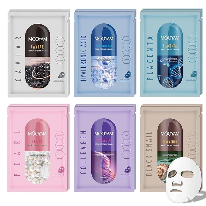 Face Masks Skincare Set for Women,Moisturizing Collagen Facial Masks,Hydrating Hyaluronic Acid Face Mask,Snail Face Mask for All Skin Types,Dry Skin,Oil Skin,Sensitive Skin (6Pack)