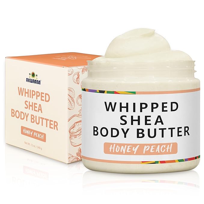 AKWAABA New Whipped Shea Body Butter (Honey Peach) - Moisturizes, Glows & Softens Skin | Natural Raw Shea Butter | For Dry Skin | 12 oz / 340 g