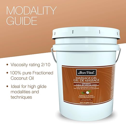 Bon Vital' Coconut Massage Gel with 100% Pure Fractionated Coconut Oil, Great for At-Home Use in Back Massages & Neck Massages, Moisturizes Skin Without Clogging Pores, 5 Gal, Label may Vary