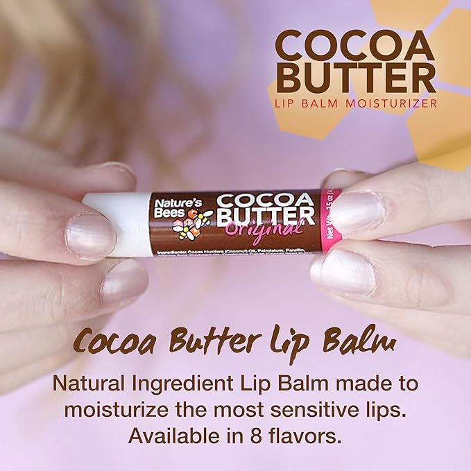 Nature's Bees Cocoa Butter Lip Balm Moisturizer, Shea Butter Flavor, Hydrating Lip Care for Dry Lips, Made in the USA with Coconut Oil, Beeswax, Vitamin E, and Aloe, 0.15 oz Each, 24 Pack
