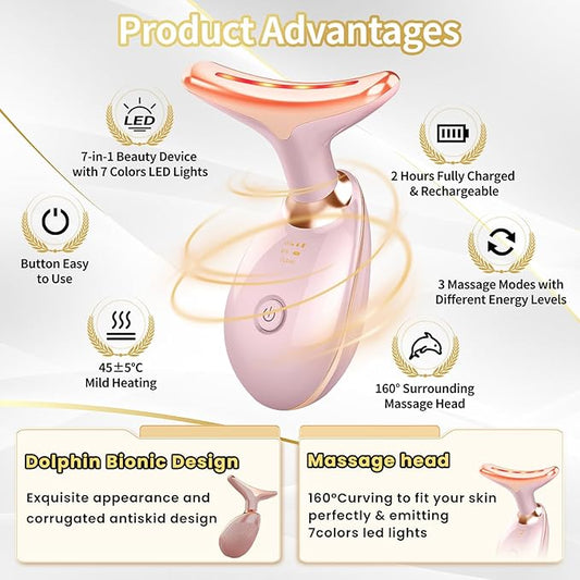 Face Light Therapy Device, Based on Triple Action LED, Thermal, and Vibration Technologies, Face and Neck Beauty Device with 7 Color LED for Home Use, Improve Skin(Glossy Pink)