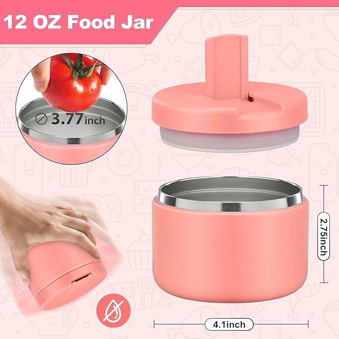 12oz Kids Soup Thermo for Hot Food Insulated Vacuum Food Jar with Buckle Lid, Stainless Steel Wide Mouth Leak Proof Lunch Container for School Travel-Pink