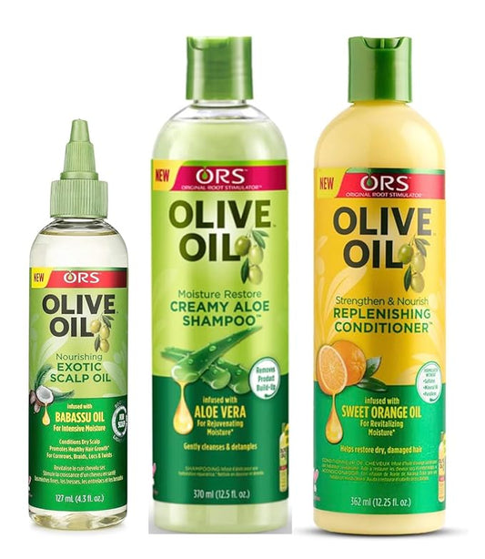 ORS Olive Oil Exotic Scalp Oil 4.3oz, Moisture Restore Creamy Aloe Shampoo, Strengthen & Nourish Replenishing Conditioner