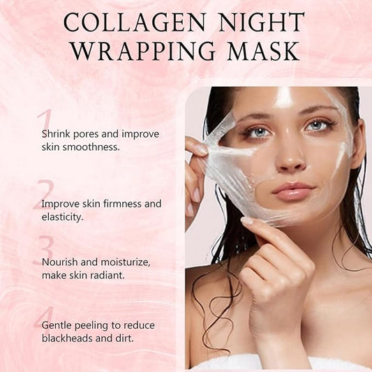 Collagen Overnight Wrapping Peel Off Facial Mask Pack,Collagen Night Wrapping Mask,Hydrates and Tightens Skin,Reduces Sagging,Elasticity & Hydration Care 2.54 fl.oz (with Brush)
