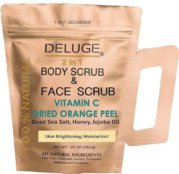 DELUGE - VITAMIN C SCRUB. DRIED ORANGE PEEL. DEAD SEA SALT, HONEY AND JOJOBA OIL. Net Weight 10 oz