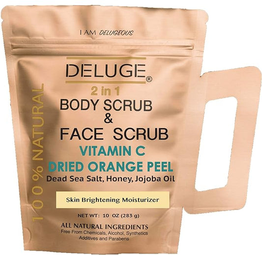 DELUGE - VITAMIN C SCRUB. DRIED ORANGE PEEL. DEAD SEA SALT, HONEY AND JOJOBA OIL. Net Weight 10 oz