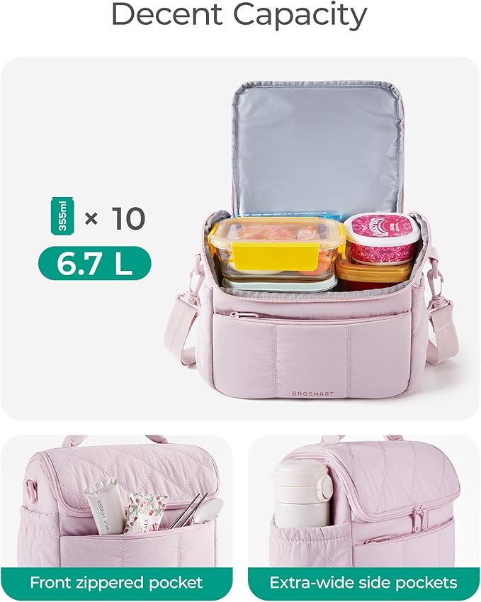 BAGSMART Insulated Lunch Bags for Women, Cute Quilted Lunch Box, Lightweight Puffy Padded Waterproof Lunch Tote, Reusable Lunch Cooler for Work Picnic Travel, Pink