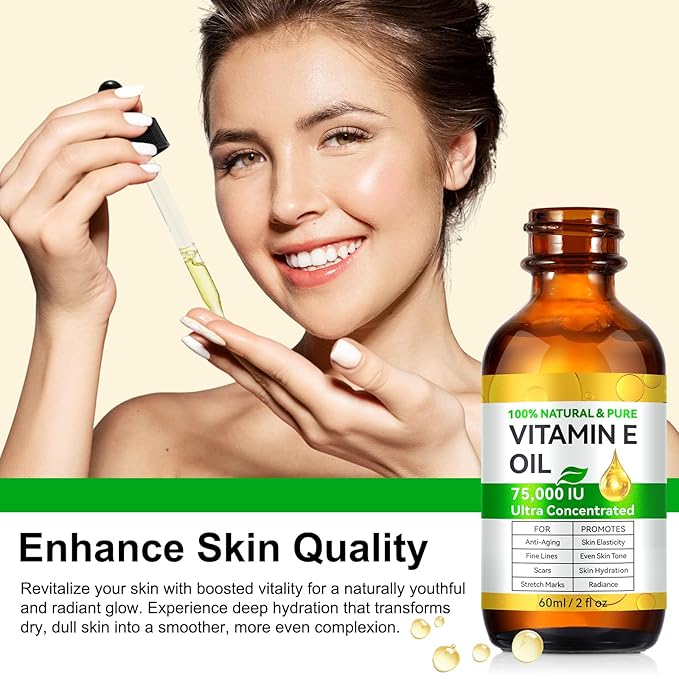 Pure Vitamin E Oil, 75,000 IU - Scar Repair, Hydrates & Promotes Skin Elasticity, 2 Fl Oz for Face & Body, Natural Solution for Wrinkles, Stretch Marks, and Even Tone