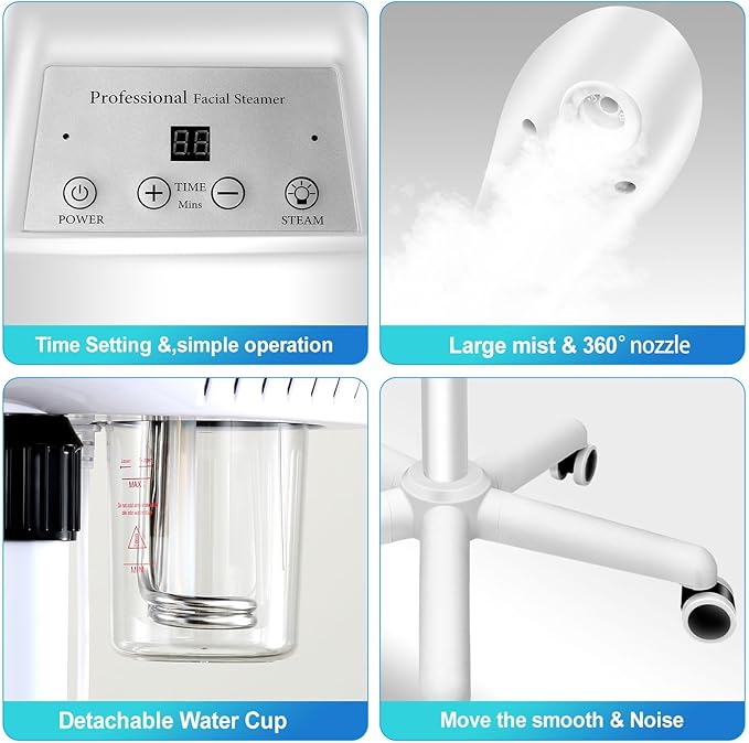 Professional Facial Steamer, Facial Steamer on Wheels, SPA Ozone Nano Facial Steamer, Stand Facial Steamer for Spa, Salon and at Home Use