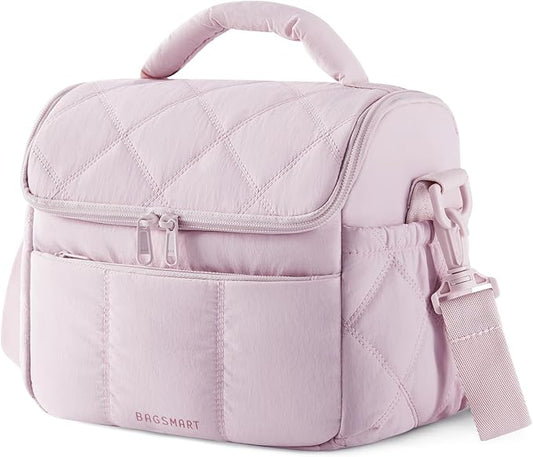 BAGSMART Insulated Lunch Bags for Women, Cute Quilted Lunch Box, Lightweight Puffy Padded Waterproof Lunch Tote, Reusable Lunch Cooler for Work Picnic Travel, Pink