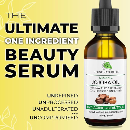 Jeune Naturelle Jojoba Oil Organic Cold Pressed - 100% Pure, Raw, Virgin, Undiluted, Unrefined - Ideal for Hair, for Skin, for Hair Growth, 2 oz
