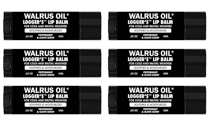 WALRUS OIL - Logger's Lip Balm, 6-Pack, 100% Vegan and Beeswax-Free, Made with Candelilla Wax, Coconut Oil, Jojoba Oil, and Natural Ingredients.