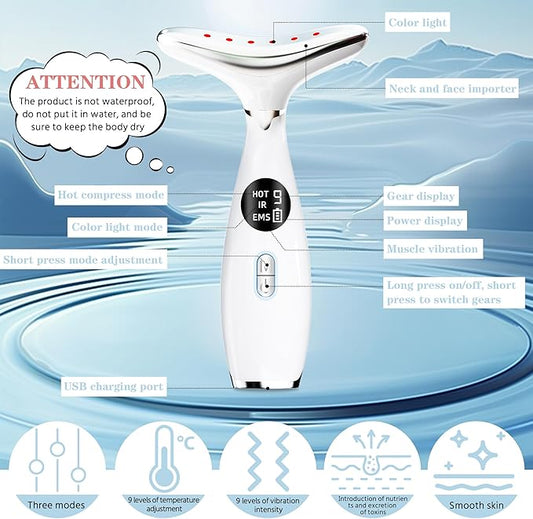Face and Neck Beauty Massage Wand, 3 Modes - 9 Vibration Frequencies - LED - Heating, 3-in-1 Facial Sculptor for Skin Care at Home Therapy Face Massager Tool for Skin Tightening and Lifting