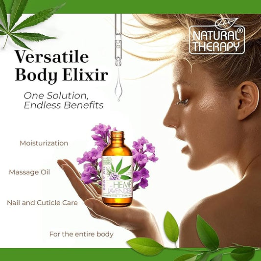 Natural Therapy Hemp & Lavender Body Oil – Moisturizing Body Oil – Hydrate & Soften Skin – Increase Skin Elasticity and Provide Anti-Aging Support (4 Fl.Oz)