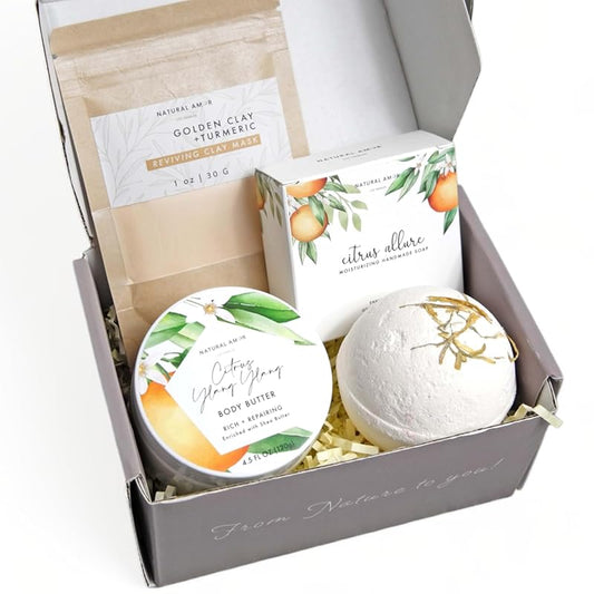 Natural Amor Citrus Handmade Bath Body Gift Set,4pcs Self Care Gift for Women,Includes Soap Bar, Bath Bomb, Clay Mask, Body Butter- Thank you Gift for Pampering