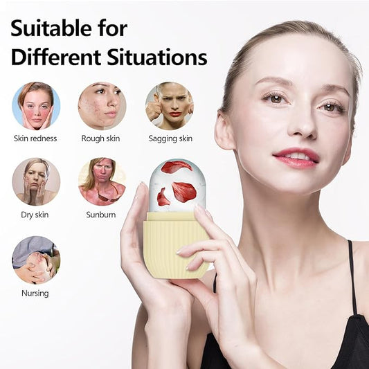 Ice Roller for Face and Eye, Silicone Ice Facial Roller Ice Holder, Face Ice Mold Skin Care, Face Icers Reusable Ice Cube Roller for Shrink Pores Anti Wrinkle Reduce Puffiness, Yellow