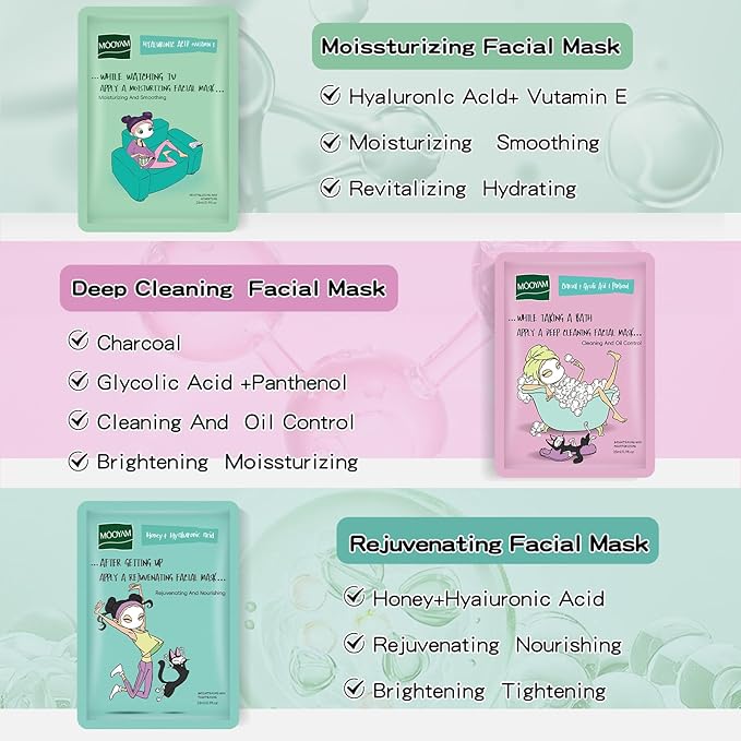 Face Masks Skincare Set for Girl,Moisturizing Collagen Facial Masks for Women Home Spa,Hyaluronic Acid Face Mask for All Skin Types,Day Night Facial Mask Hydrating,Deep Cleaning,Oil Contral(12Pack)