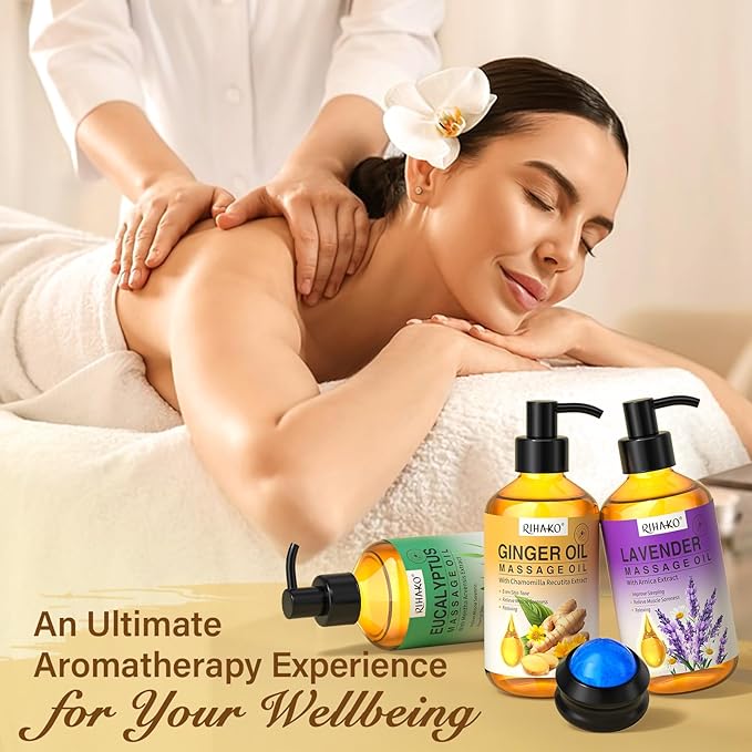 Mother's Day Gifts for Women – 3-Pack Massage Oil for Massage Therapy | Lymphatic Drainage Ginger, Relaxing Lavender, and Sore Muscle Eucalyptus Oils | Date Night & Spa Gift for Him & Her