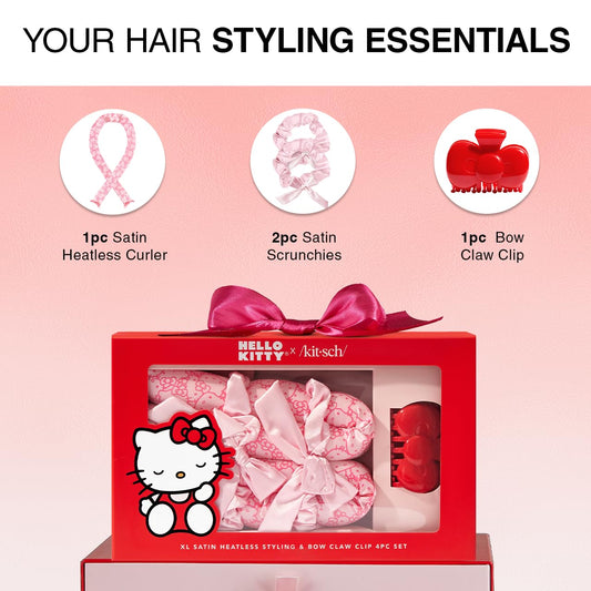 Hello Kitty x Kitsch XL Satin Heatless Curling Set- Heatless Hair Curler To Sleep In for Frizz-Free & Soft Curls, Comes with Bow Shape Design Hair Claw and Satin Scrunchies, Gifts for Women, 4pc Set
