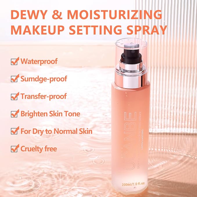 Dewy Makeup Setting Spray Kit-7 Fl oz Hydrating Illuminating Finishing Spray Lightweight Face Mist All Day Long Make up Fixer +2PCS Sponge Puff, Hydrate Skin for a Bright Look