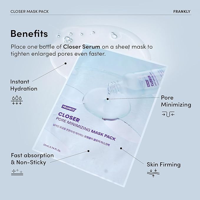 FRANKLY Closer Pore Minimizing Mask – Korean Semi-Gel Face Sheet Mask for Pore Care, Hydration & Firming | Korean Skin Care with Collagen, Triple Hyaluronic Acids & Peptides | 0.74 fl oz, 1pc