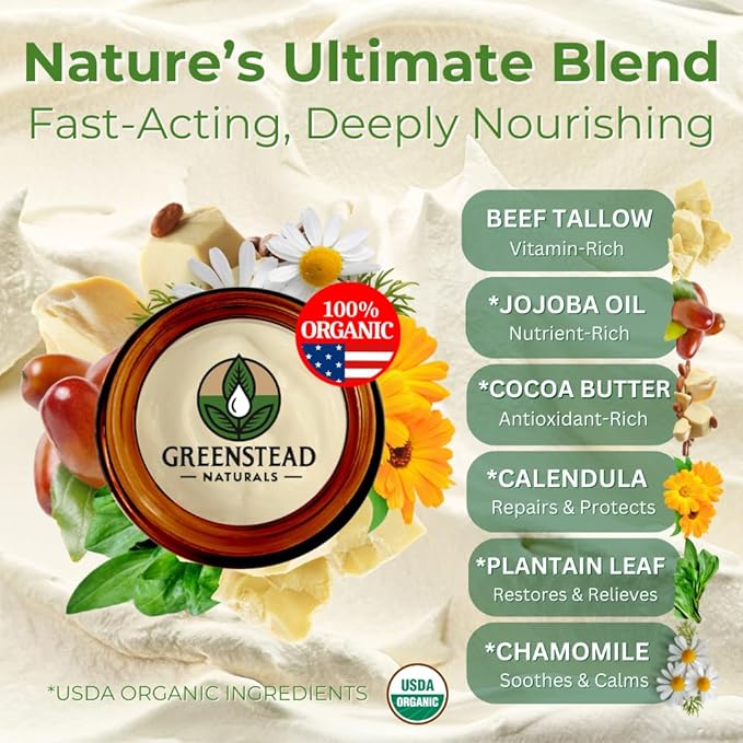 Grass Fed Beef Tallow for Skin – Organic Whipped Tallow Balm For Face and Body with Jojoba Oil and Cocoa Butter – Unscented and Herb-Infused – 4 oz, 2.5fl oz