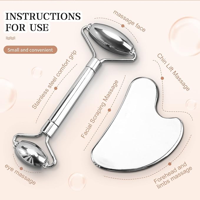 Aresvns Stainless Steel Facial Roller & Gua Sha - Metal Gua Sha, Gua Sha Facial Tools Stainless Steel, Face Body Treatment, Reduce Puffiness, Lymphatic Drainage, Facial Tension