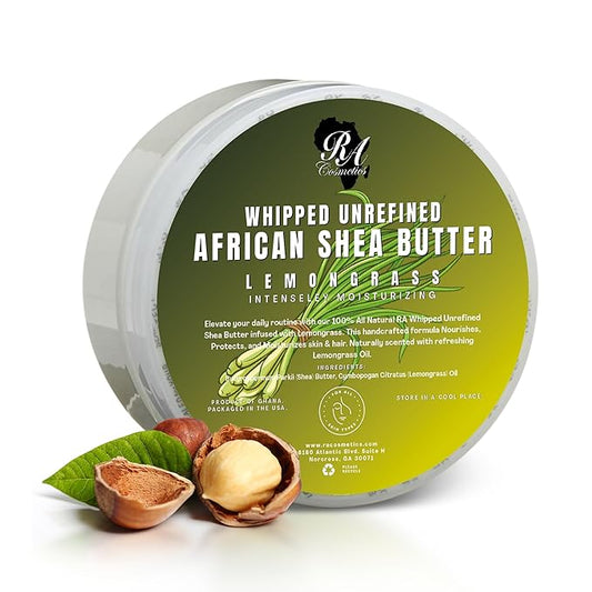 RA COSMETICS Whipped Shea Butter Lemongrass - 100% Pure and Natural African Shea Butter - Ultimate Handcrafted Moisturizer with Essential Vitamins for Radiant Skin and Luscious Hair - 6oz Jar