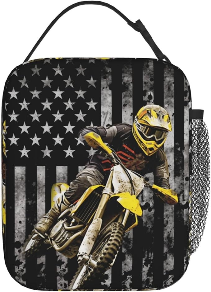 American Flag Motorcycle Lunch Bag Insulated Reusable Lunch Box Thermal Cooler Tote For Men Women Work Travel Picnic Hiking