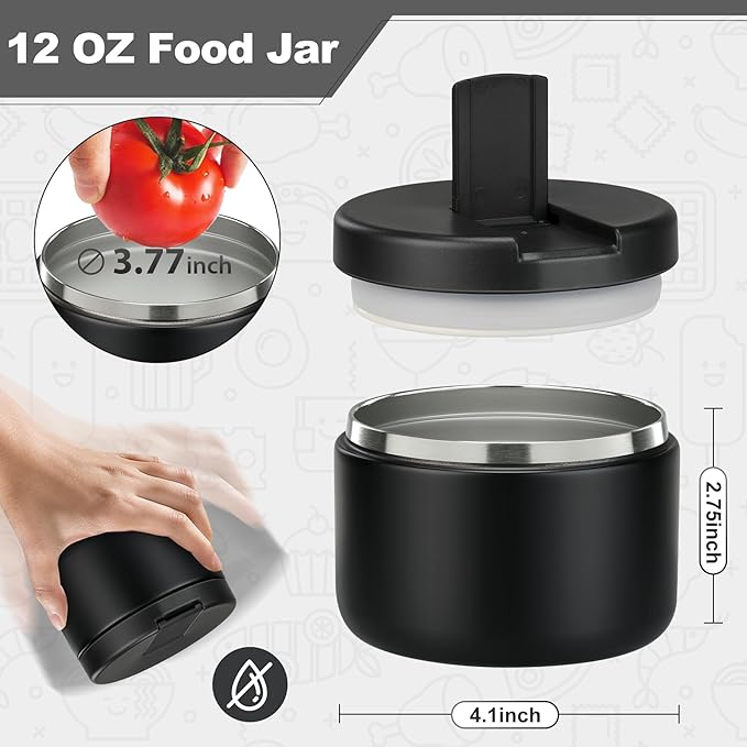 12oz Kids Soup Thermo for Hot Food Insulated Vacuum Food Jar with Buckle Lid, Stainless Steel Wide Mouth Leak Proof Lunch Container for School Travel-Black