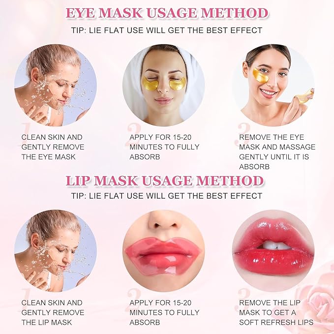 Gold Eye Mask And Pink Lip Mask,Natural Gel Eye Masks,Under Eye Gel Patches for Dark Circles,Eye Mask for Puffy Eyes,10 Pairs Gold Eye Mask And 10 Pcs Pink Lip Mask