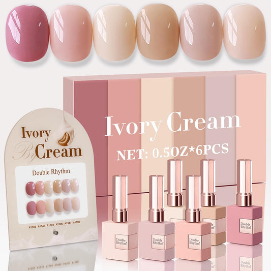 Double Rhythm 6 Pcs 15 ML Gel Polish Set Same Color Same Bottle Soak Off Gel Polish Kit Nail Art Manicure Salon DIY at Home for Women (Light Dark Nude Beige Cream Pink-T6-18)