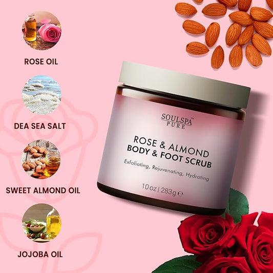 Rose & Almond Body & Foot Scrub - Rejuvenating & Hydrating Exfoliating Body Scrub for Luxurious Skin Care, 10 oz