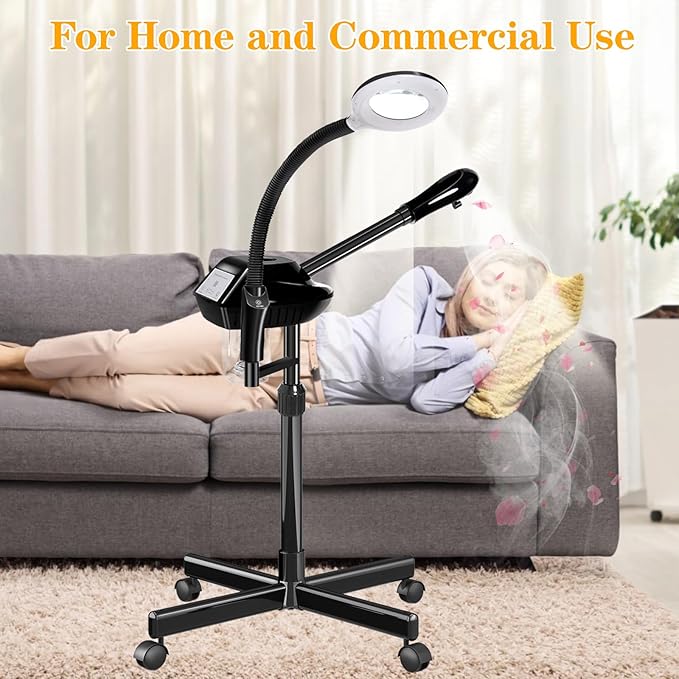 Facial Steamer Professional, 2 in 1 Ozone Facial Steamer on Wheels, with 5X Magnifying Lamp, Facial Steamer with Time Setting, Stand Facial Steamer Adjustable Height for Spa, Salon and at Home use