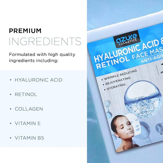 AZURE Hyaluronic Acid & Retinol Anti Aging Facial Mask - Dermatologist Tested - Rejuvenating & Hydrating Face Mask - Helps Reduce Fine Lines & Wrinkles, Smooths & Repairs - Korean Skin Care - 10 Pack