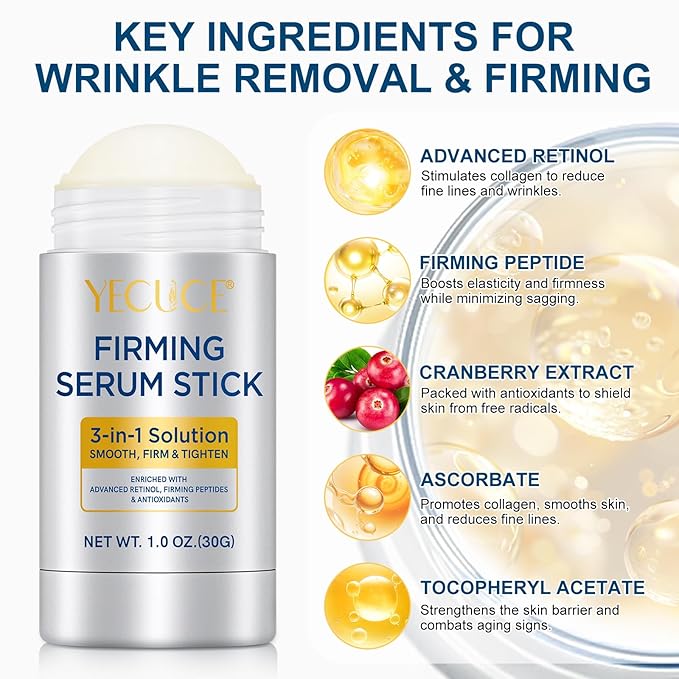 Retinol Face Stick, 3-in-1 Advanced Retinol Firming Serum Stick, Reduces Wrinkles, Smooth and Tighten Face & Neck, 30g Nourishing Anti Aging Repair Cream for All Skin Types,1.0 OZ
