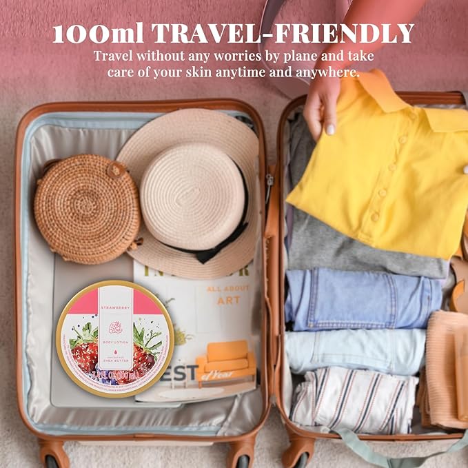 Princess Belle Strawberry Body Lotion, Travel Size Body Lotion for Women and Men Dry Skin, Deep Moisturizing and Hydrating with Natural Shea Butter, Smell Good, 100ml(3.4floz)